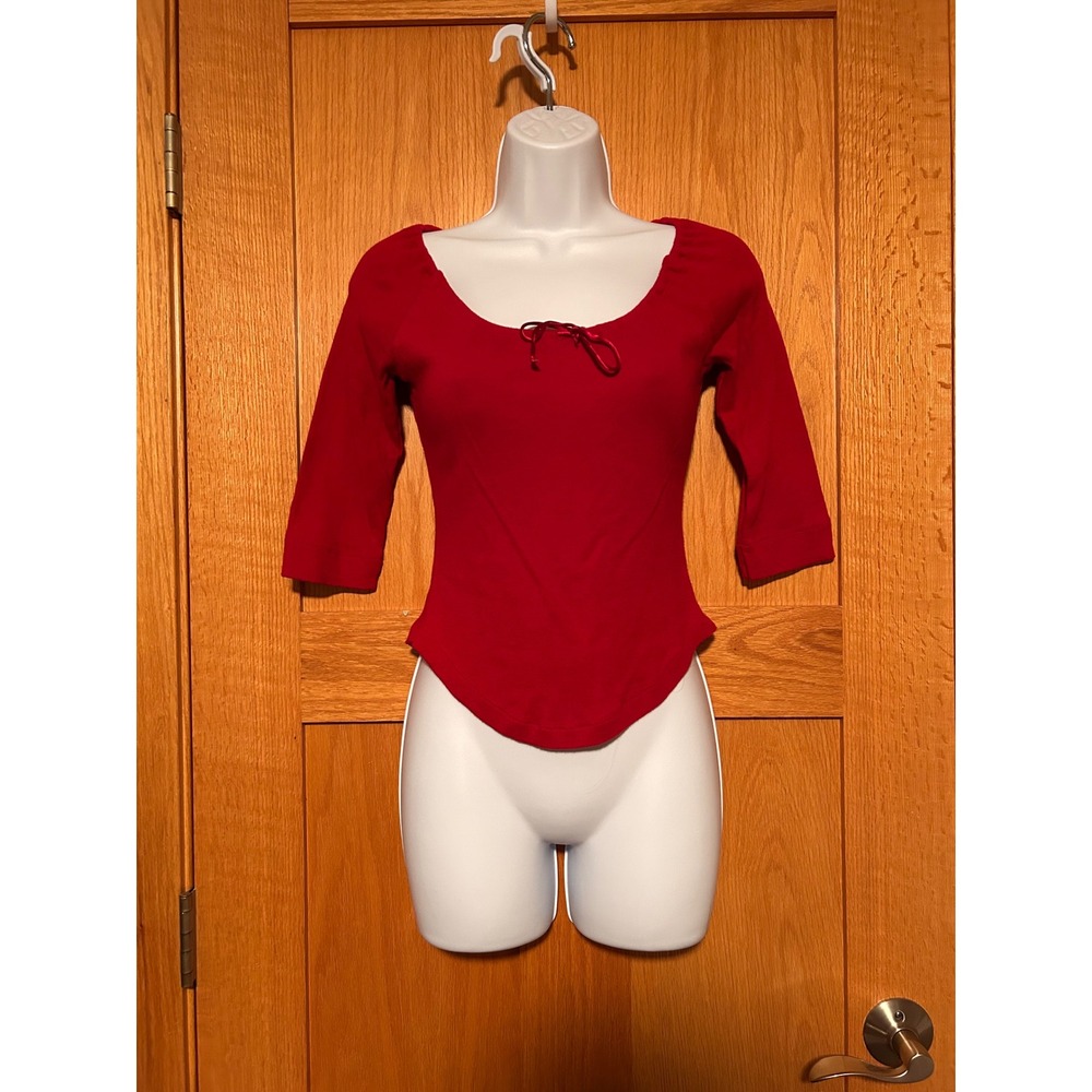 Vintage US Boys Red Ribbed Knit Scoop Neck Top 3/4 Sleeve Ribbon Tie Size Small